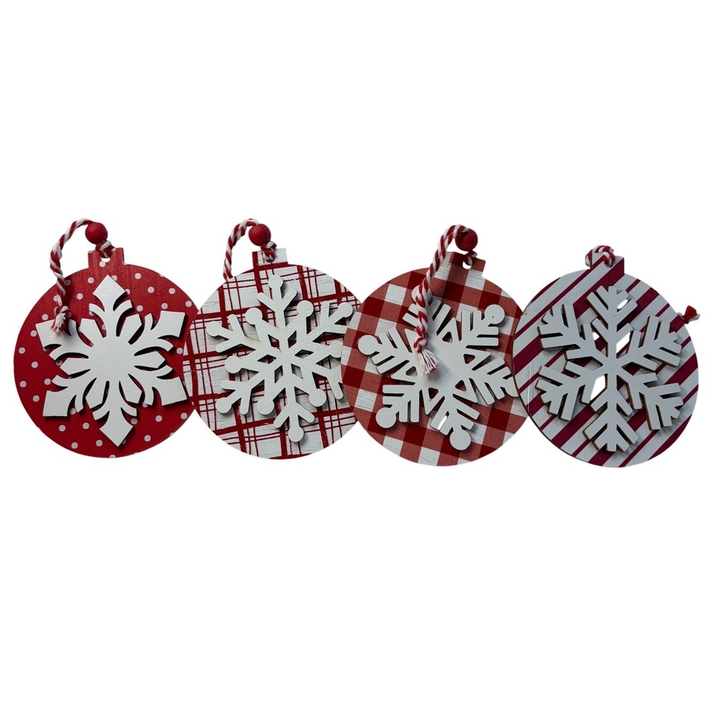 4pc Red White Wooden Snowflake Christmas Ornaments Plaid Polka Dot Striped Decor